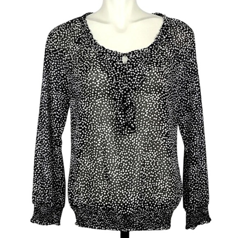 Esprit Women's Polka Dot Semi Sheer Ruffle Long Sleeve Blouse Black White XS